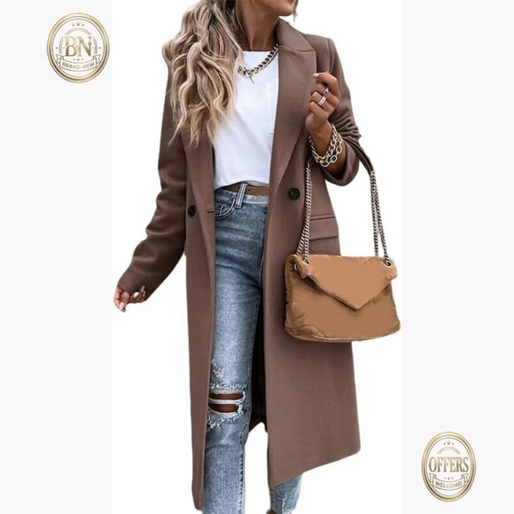 Long Wool Blend Pea Coat with Notch Lapel Fully Lined